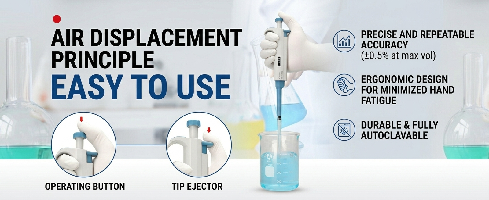 Single channel adjustable volume micropipette for laboratory precision liquid handling